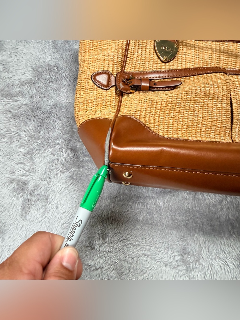 Lauren Ralph Lauren Straw Tote with Brown Leather Trim - Picture 8 of 11